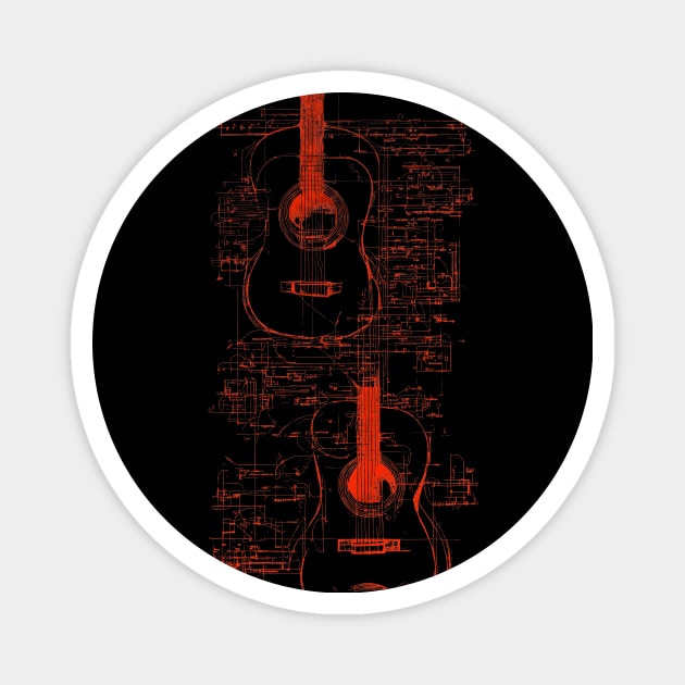 Red Neon Acoustic Guitar Da Vinci blueprint Magnet by Trip Tank